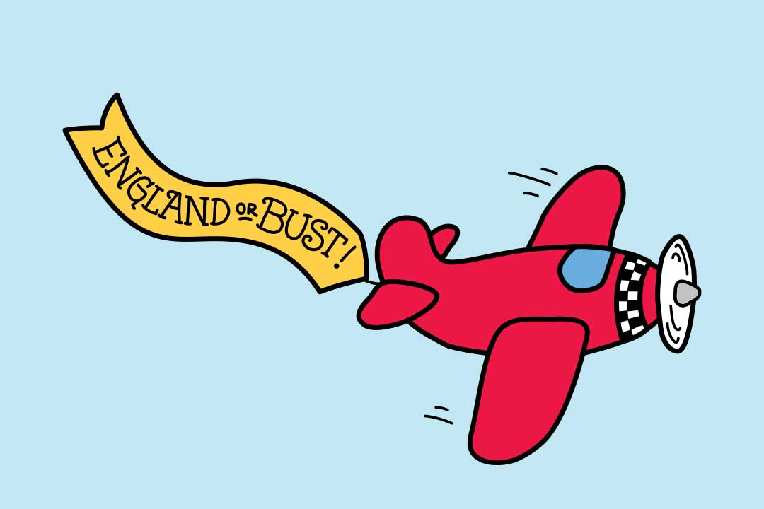 ‘England or Bust(영국 아니면 폭소)’라고 적힌 배너를 달고 날아가는 비행기